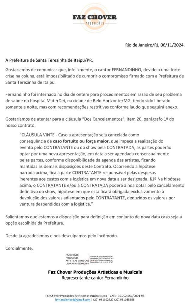 Show de Fernandinho é cancelado por motivos de saúde do cantor