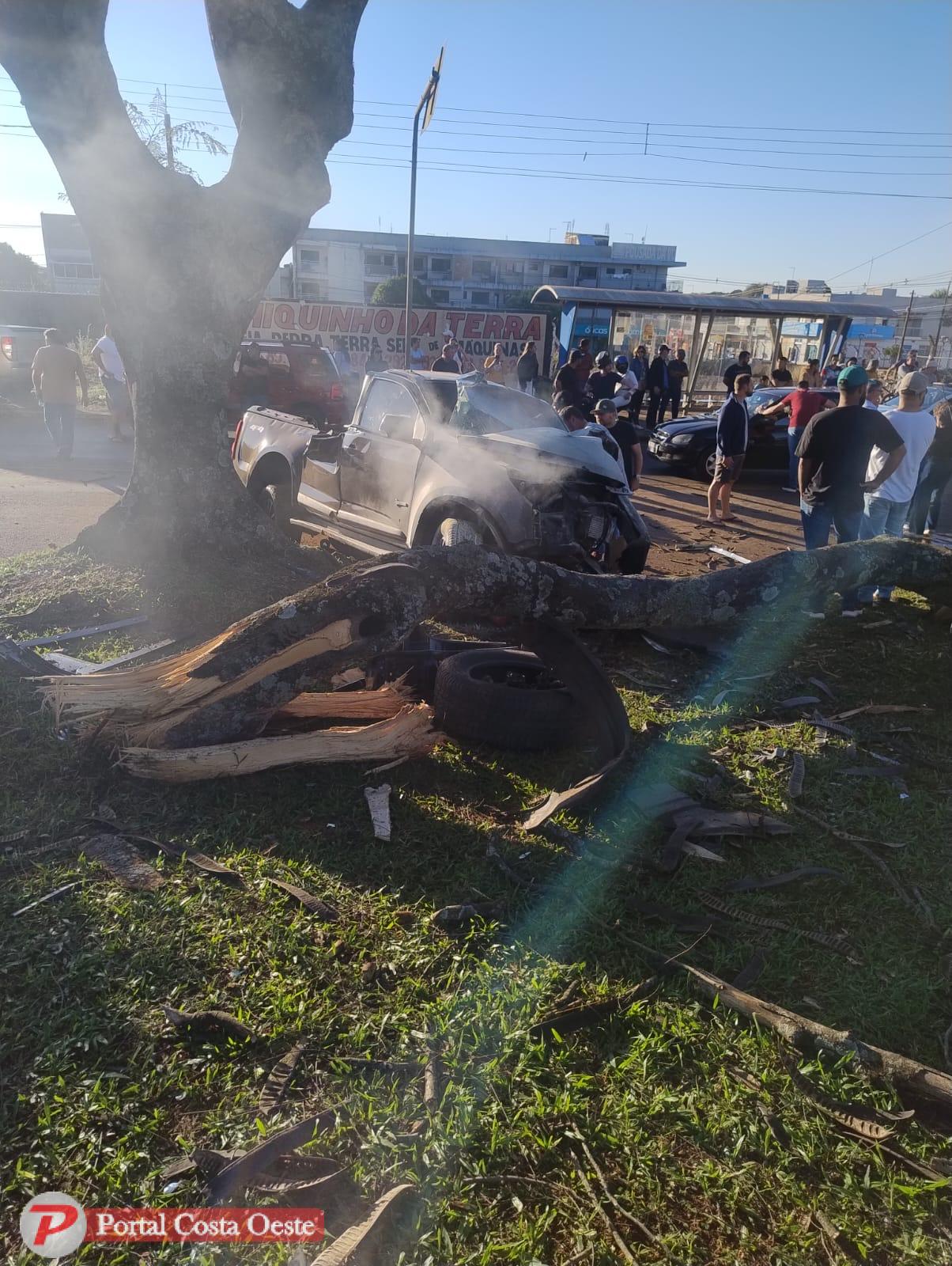 Caminhonete “voa” após lombada e atinge árvore com violência em Santa Terezinha de Itaipu