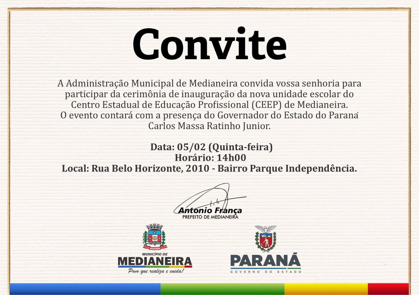 Medianeira: Governador Ratinho Júnior estará no município amanhã para inaugurar o CEEP